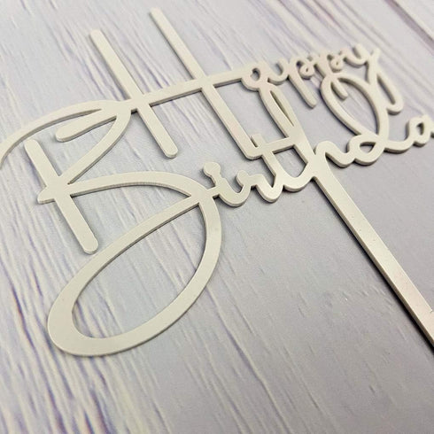 Happy Birthday Cake Topper for Birthday Party Decorations, Off-white Acrylic...