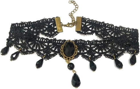 Victorian Lace Beads Flower Choker Necklace Bracelet Gothic Lolita Bohemican Style Jewelry for Women-1 Pc Black...