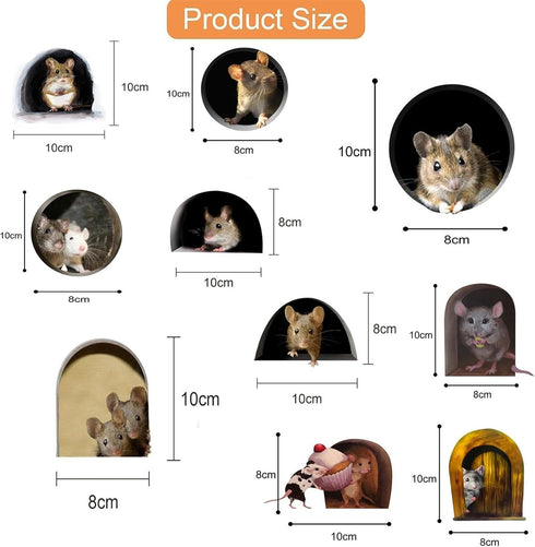 10pcs 3D Mouse Hole Wall Decals Peel and Stick,Decorative Wall Stickers, Fun Animal Stickers for Children- Kids Room Bedroom House Nursery Classro...