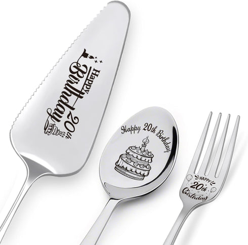 Happy 20th Birthday Personalized Laser-Engraved Stainless Steel Birthday Party Utensil Set - Cake Server, Spoon, and Fork for Son Daughter Boyfrie...