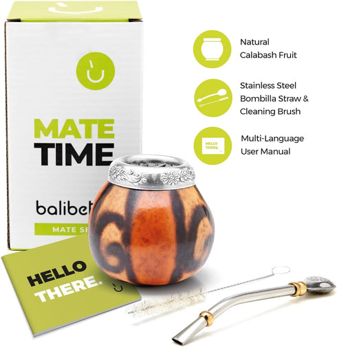 BALIBETOV Yerba Mate Gourd Set (Original Natural Handmade Yerba Mate Cup Argentina) - Includes Mate Tea Cup, Bombilla (Mate Straw) and Clean Brush...