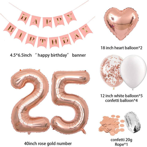 Birthday Decorations Happy Birthday Banner 40inch Rose Gold Number 25 Balloons Rose Gold Confetti Balloons 1" in Diameter Heart Confetti for 25th ...