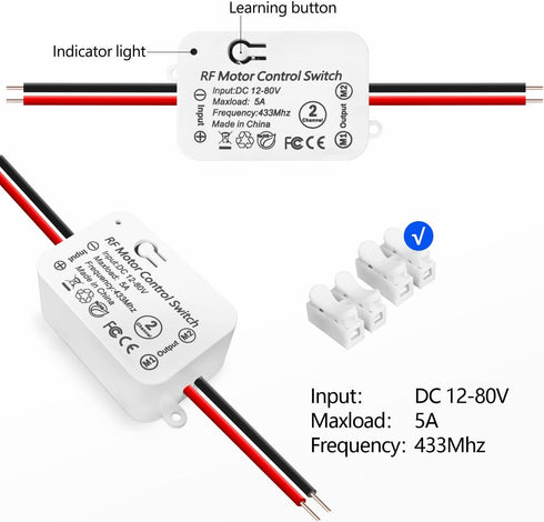 DieseRC Wireless DC Motor Remote Control Switch, DC 12V~80V 5A Relay Receiver Controller with 2 Transmitters, Radio Control Motor Move Forward and...
