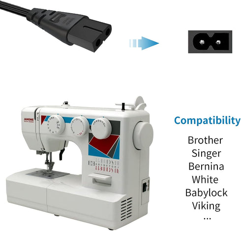 Sewing Machine Power Cord, Genuine 6ft AC Power Cord Singer Power Cord Sewing Machine Cable Compatible with Brother, Singer, Bernina, White, Baby-...