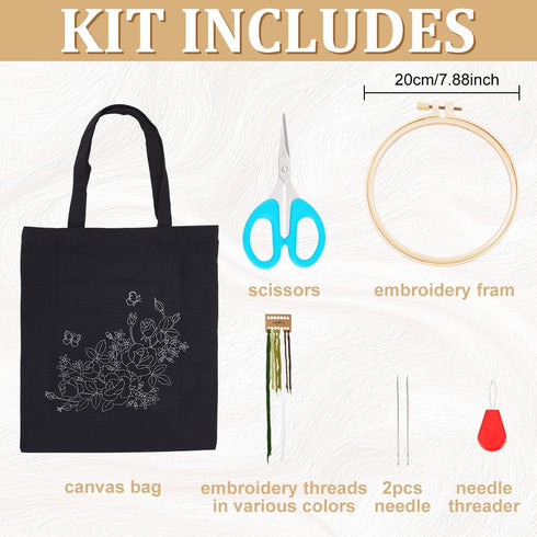 ORIGACH DIY Canvas Tote Bag Embroidery Kit with White Rose Pattern for Beginners, Floral Embroidery Shoulder Bag Set for Adults, Complete Embroide...