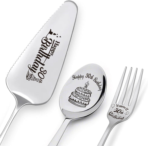 Happy 30th Birthday Personalized Laser-Engraved Stainless Steel Birthday Party Utensil Set - Cake Server, Spoon, and Fork for Son Daughter Husband...