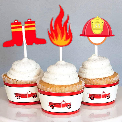 24 Pack Fireman Firefighter Cupcake Toppers Fire Truck Cupcake Toppers Fire Extinguishing Cupcake Toppers for Kids Adults Birthday Baby Shower Par...