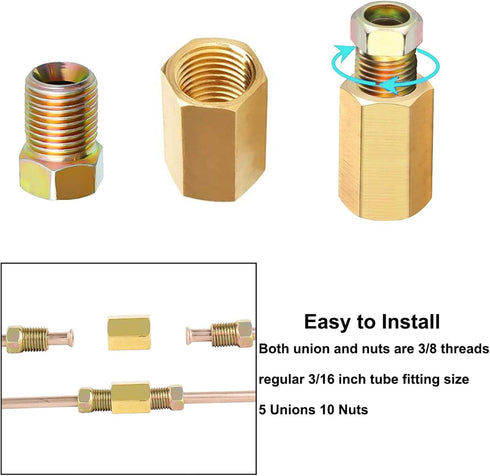 MuHize Upgraded Brake Line Fittings - 15 Pieces 3/8'-24 Threads Assortment Brake Fitting for 3/16 Inch Brake Line Tube (5 Unions, 10 Nuts)...