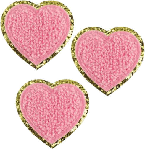 Shelzy’s Designs Towel Embroidered Heart Patches - 3pc Glitter Chenille Sticker or Glue on Appliques,Triple-Pack in Pink or White with Elegant Gol...