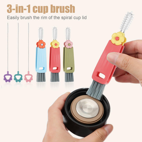 3pcs 3-in-1 Cup Lid Cleaning Brushes with 3 Straw Brushes, Cute Multifunctional 3-in-1 Cleaning Brush Colorful Cup Lid Gap Cleaner Insulated Bottl...