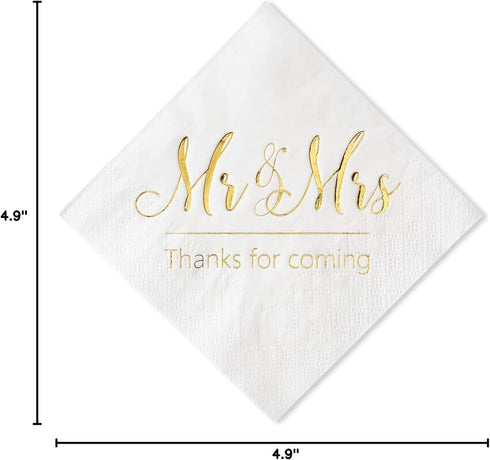 Crisky Napkins Mr and Mrs Gold Cocktail Beverage Dessert for Wedding Shower Engagement Party Decorations, Cake Table Decor Supplies. 100 Pcs, 3-Pl...