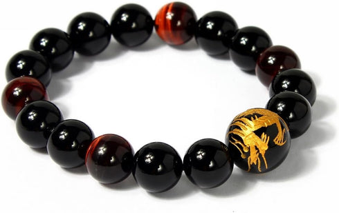 Men's 12mm Tiger Eye Agate Bead Bracelet (Golden Color) Dragon King Pattern Stretch Bracelet Length: 7.6"...
