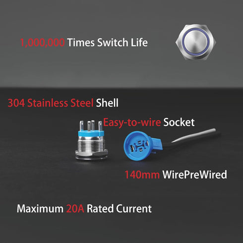 LED Latching Push Button Switch, Stainless Steel, IP67 Waterproof 5-24V 20A 1NO, with Wire Socket Plug (1, Red, 19mm)...
