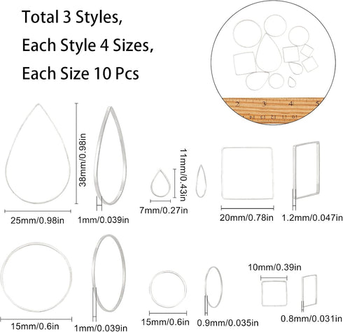 SUNNYCLUE 1 Box 120Pcs 12 Styles Linking Rings Earrings Beading Hoop Brass Open Bezels Frame Charms Round Teardrop Square Shape for Earring Findin...