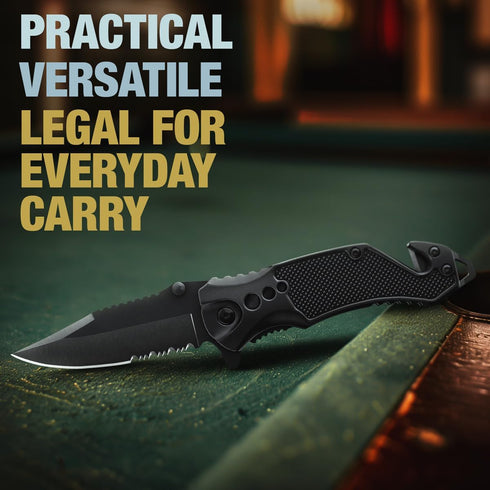 2.95” Serrated Blade Pocket Knife - Black Folding Knife with Glass Breaker and Seatbelt Cutter - Small EDC Knife with Pocket Clip for Men Women - ...