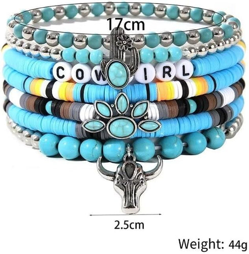 Todu 5 Pcs Western Cowgirl Turquoise Beaded Stretch Cow Boot Feather Charm Bracelets Bohemian Stackable Summer Beach For Women Jewelry Gift...