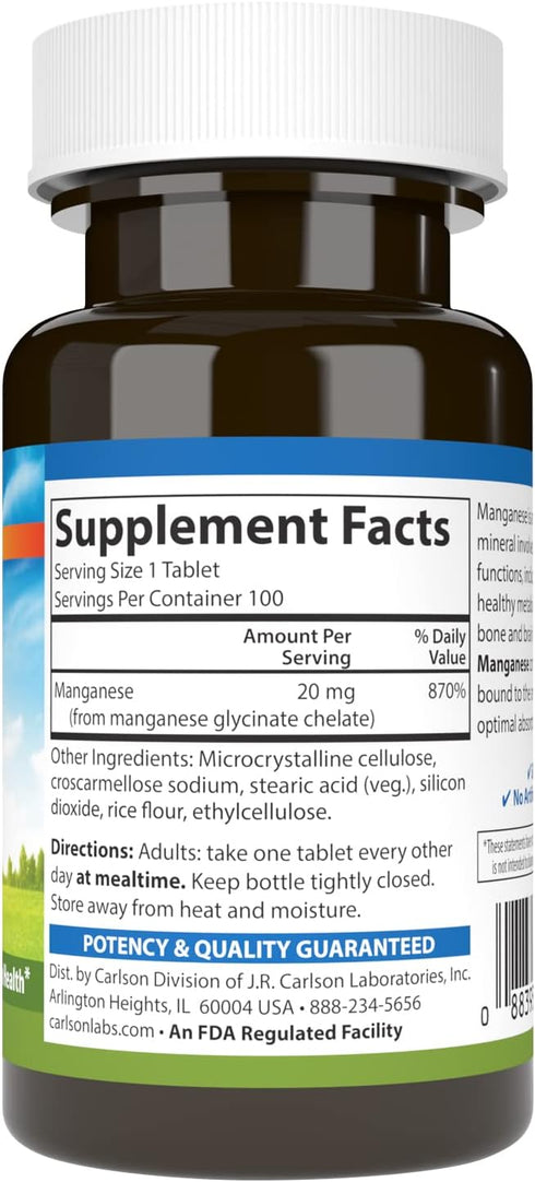 Carlson - Chelated Manganese, 20 mg, Superior Absorption, Healthy Metabolism, Bone Support & Brain Health, 100 Tablets...