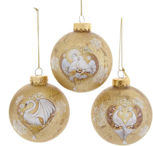 Kurt S. Adler 80MM Gold with Swan, Dove and Peacock Decals Glass Ball, 6-Piece Boxed Ornament Set, Multi, 6 Count...
