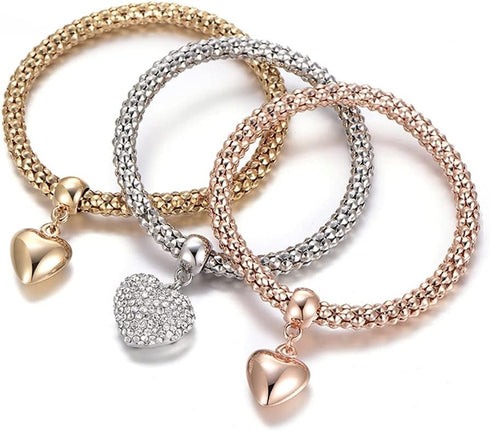 Crystal Charms Multilayer Bracelets - 3PCS Gold/Silver/Rose Gold Corn Chain Bracelet for Women, Tree of Life Heart Shaped Stretch Bracelet...