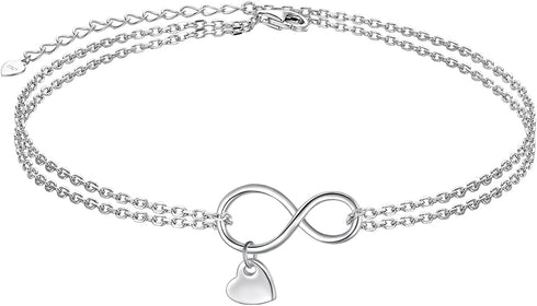 FLYOW Infinity Layered Anklet 925 Sterling Silver for Women Adjustable Heart Ankle Bracelet Boho Beach Foot Chain 9+1.5 Inch Charm Jewelry Birthda...