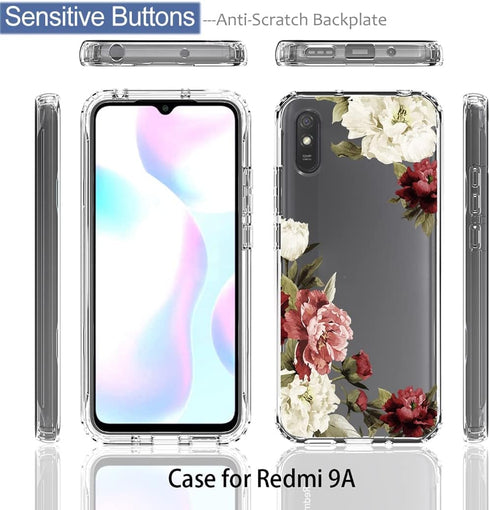 Phone Case for Redmi 9A M2006C3LG/Redmi 9i M2006C3LII Case with Tempered-Glass Screen Protector, Cute Clear Floral Pattern Full Body Protective Co...