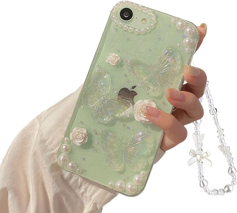 Fycyko Compatible with iPhone 7/8/SE 3D Butterfly Floral Clear with Design Aesthetic Women Teen Girls Glitter Pretty Crystal Sparkle Sparkly Cute ...