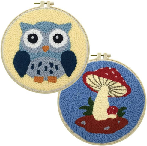 2 Pack Owl,Mushroom Easy Punch Needle Embroidery Starter Kits for Kids and Adults Beginners with Punch Needle Tool,Threader, Stamped Fabric Embroi...