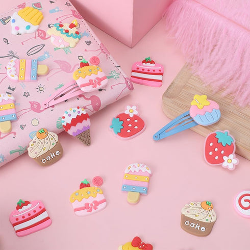 SUNNYCLUE 84pcs 14 Styles PVC Shoe Charms Cute Shoes Charm Flatback Cabochon Food Theme Plastic Summer Ice Cream Cake Strawberry Lollipop Pink Kaw...