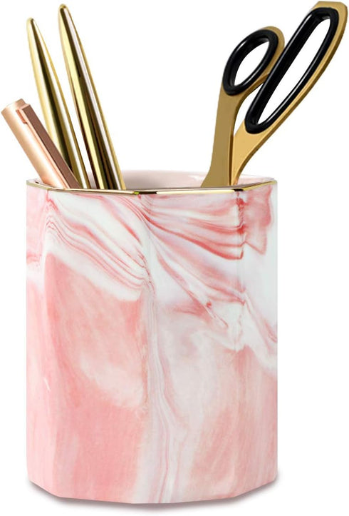 WAVEYU Pink Pen Holder for Girls, Marble Ceramic Pencil Cup, Desk Organizer Decor for 2023 Graduates, Durable Makeup Brush Holder for Office, Scho...