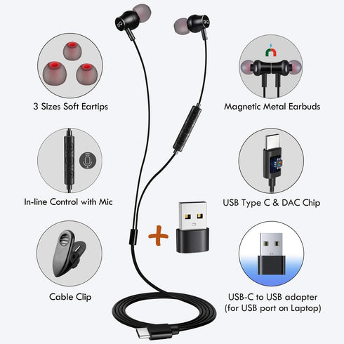 USB Earbuds with USB-A to C Adapter, USB-C + USB-A Earbuds Headphones Compatible with Samsung Smartphones, Laptop PC, Mac, Advanced DAC Sound Card...