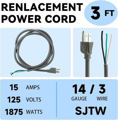2 Pack 3 ft 14/3C SJTW Appliance and Power Tool Cord, 14 Gauge 3 Prong Replacement Power Supply Cord Cable, 110V 115V 120V AC Pigtail, 15A, 1875w ...