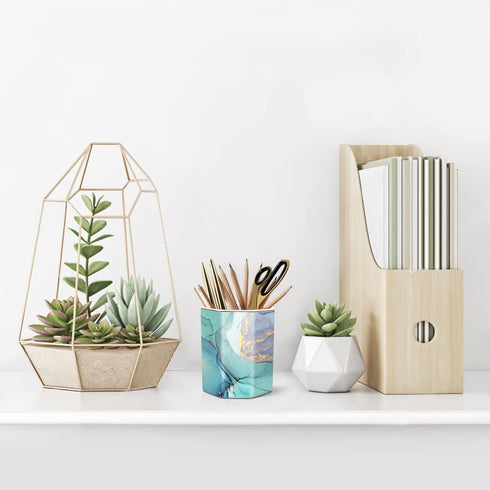WAVEYU Pencil Cup for Desk Cute, Pen Pencil Stand Holder, Office Desk Organizer for Men Women Ceramic Marble Makeup Brush Holder for Home, Green M...