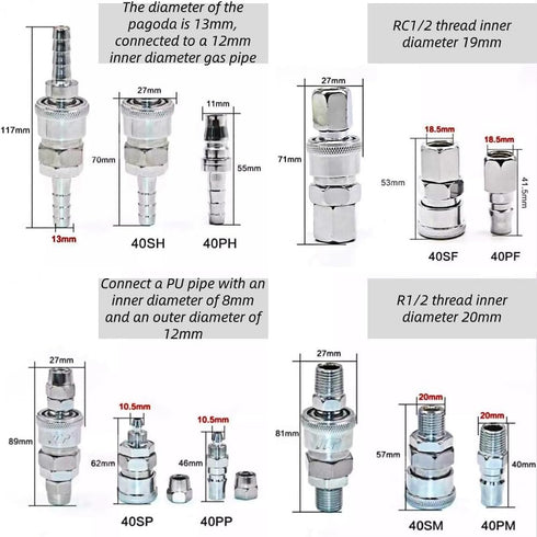 8pcs BSP 1/2" Air Hose Coupler Pneumatic Plug Socket Air Compressor Hose Quick Connector Set...