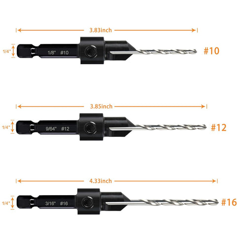 3 Pack Countersink Drill Bit Set #10#12#16, 3in1 Woodworking Counterbore Hole Saw Drill Bits, Depth Adjustable M2 Pilot Drill Bits, 82-Degree Cham...