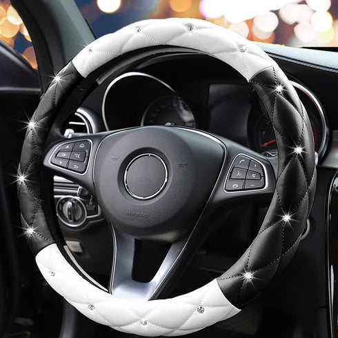 Cute Diamond Soft Leather Anti-Slip Steering Wheel Cover with Bling Bling Crystal Rhinestones, Universal 15 Inch for Women Girls, Fit Vehicles, Se...