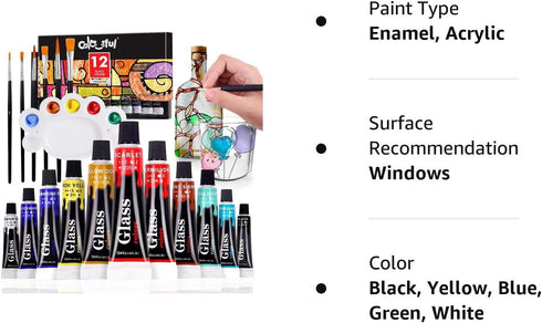 Colorful Acrylic Glass Paint Set with 6 Brushes, 1 Palette, 12 Colors Stain Glass Paints for Wine Glass, Waterproof Acrylic Enamel Paint Kit to Cr...