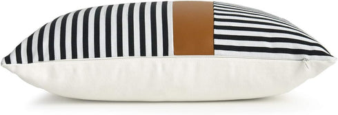 Hofdeco Faux Leather and 100% Cotton Pillow Cover Only, Camel Black Modern Design Stripes, 12"x20"...