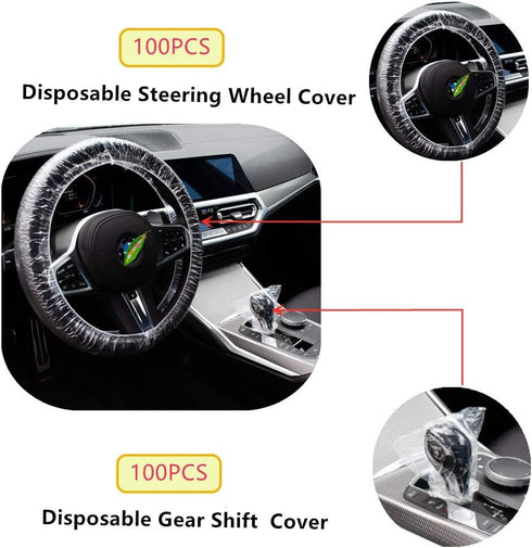 Universal Disposable Steering Wheel Cover with 100 Disposable Steering Wheel Covers and 100 Disposable Gearbox Covers with Elastic Decorative Stri...