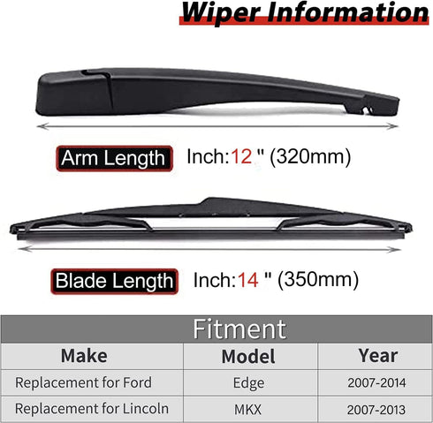 Rear Windshield Wiper Arm Blade Set, Replacement for Lincoln MKX, Ford Edge 2007-2014, OTUAYAUTO Factory Replace OE # 9T4Z17526-A...