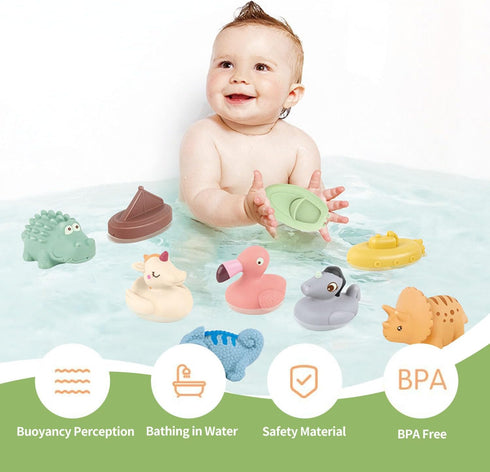 Bath Toys for Kids Ages 1-3 , 9 Pack No Hole Animal and Float Boats Baby Bath Toys for Babies 6-12 Months, Baby Pool Bathtub Toys Presents for Pre...
