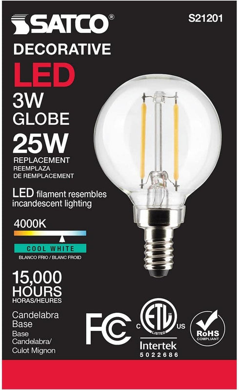 Satco 3-Watt LED E12 Light Bulb, 4000K, 15000 Hour Rating, Dimmable...