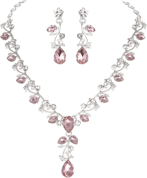 Leaf Vine Crystal Necklace Earrings Jewelry Set for Bridesmaids V-Neck Formal Evening Dress...
