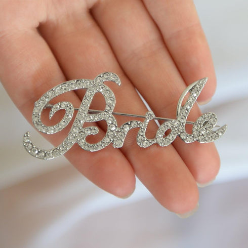 Mariell Rhinestone Crystal Bride Word Brooch Pin in Script Lettering, Bachelorette & Bridal Shower Gift...