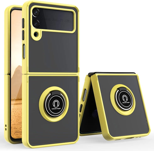 TJS Compatible with Samsung Galaxy Z Flip 3 5G Case, Metal Ring Kickstand Magnetic Support Drop Protective Cover Phone Case (Yellow)...