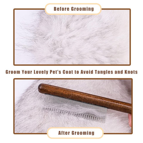 Dog Cat Comb with Solid Wood Handle Stainless Steel Teeth, Professional Pet Grooming Supplies Accessories Perfect for Honghair Hairy Pets...