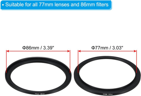 PATIKIL 77mm-86mm Metal Step Up Ring with Cleaning Cloth, 2 Pack Camera Lens Filter Adapter Ring Aluminum Filter Adapter Ring for Camera Lenses Ho...