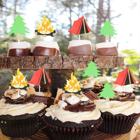 LaVenty Camping Cupcake Toppers Camping Birthday Party Decor Woodlands Party Decor Happy Camper Party Decor Lumberjack Party Decor...
