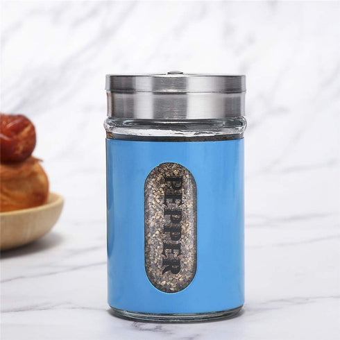 Salt and Pepper Shakers Stainless Steel and Glass Set with Adjustable Pour Holes (Blue)...
