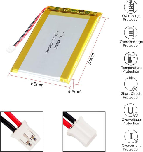 3.7V 2000mAh 455572 Lithium Polymer Ion Battery Rechargeable Lipo Battery with PH 2.0mm Pitch Connector...