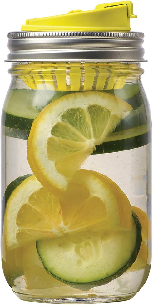 Jarware Mason Jar Fruit Infuser Drink Lid, Alex's Lemonade Stand, Plastic, Yellow, Set of 2, Regular Mouth...